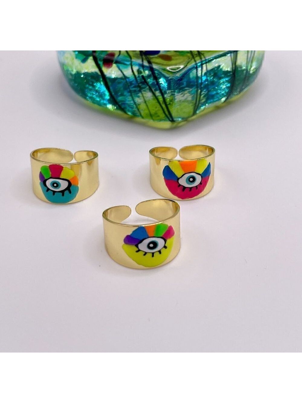 Boho Evil Eye Enamel and Copper Adjustable Ring #1300 NEON GREEN - Picture 4 of 14